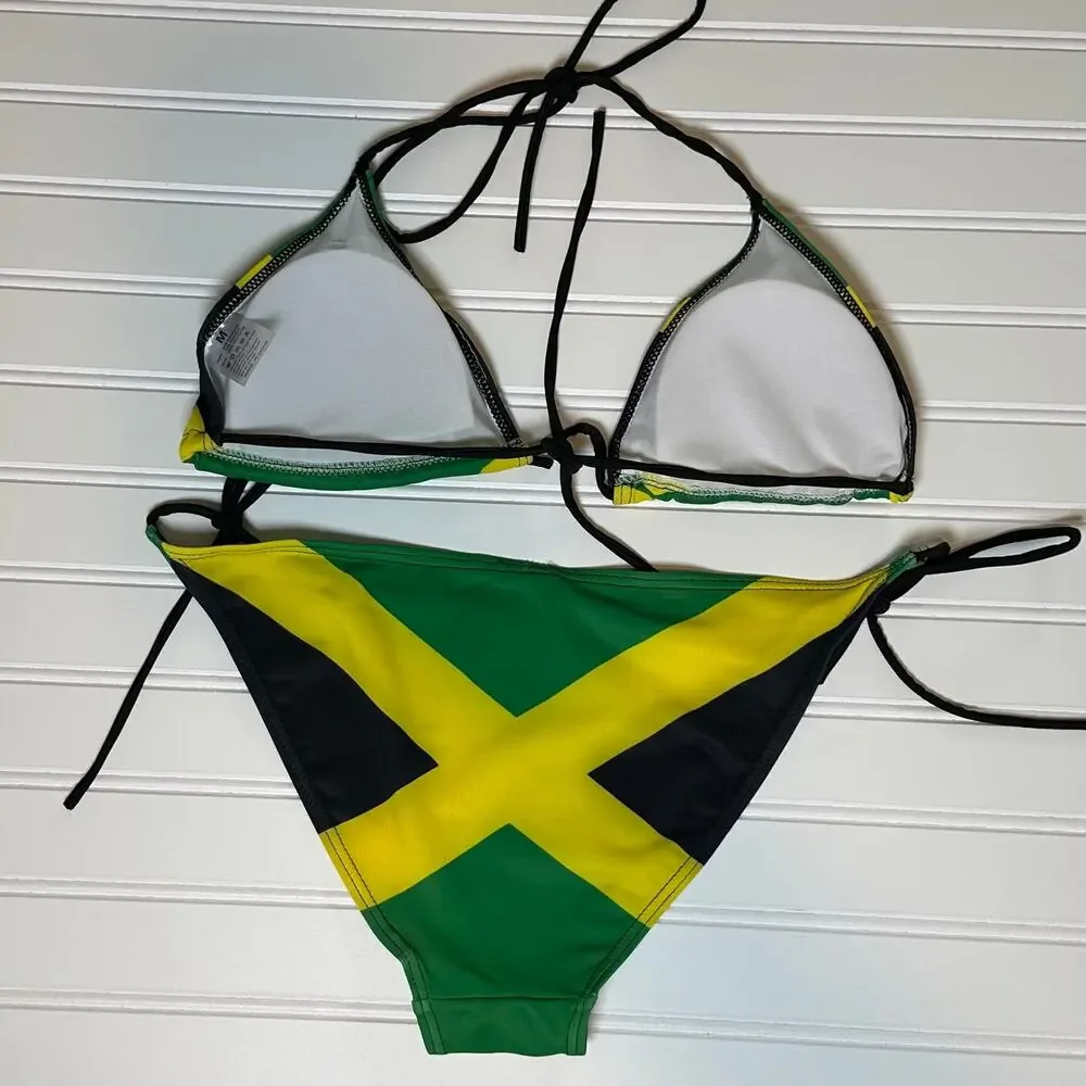 Women Jamaica Flag Bikini Set Tie Side Triangle 2 Piece Swimsuit M